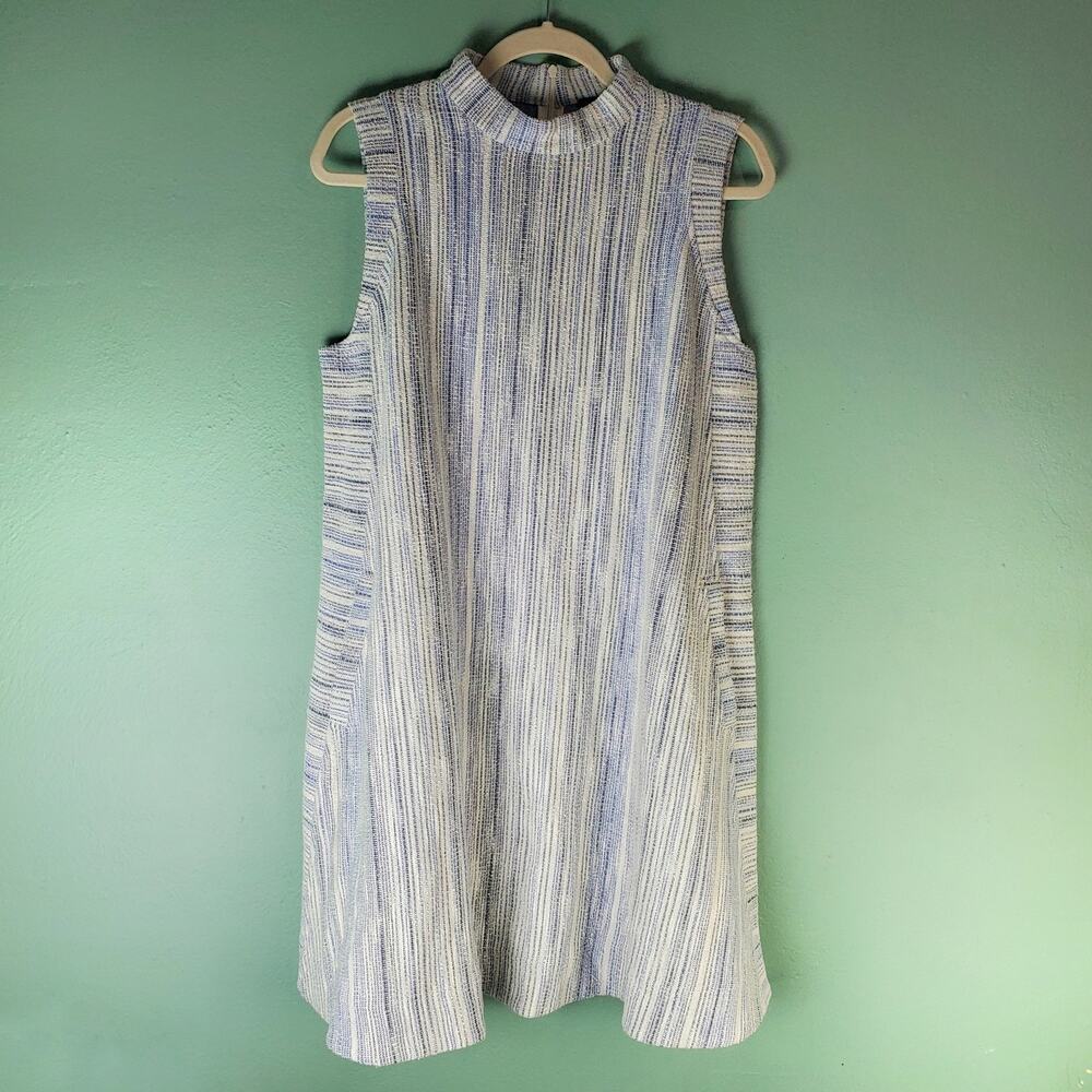 ME+EM Womens Blue Jacquard Swing Dress Size 12 Pockets High Neck Quiet Luxury